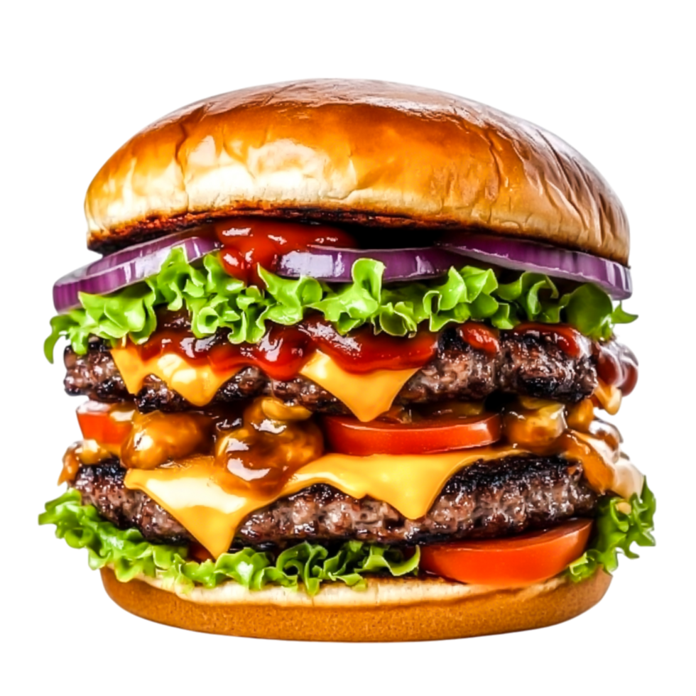 Juicy Hamburger Stacked with Cheese, Fresh Vegetables, and Sauces png