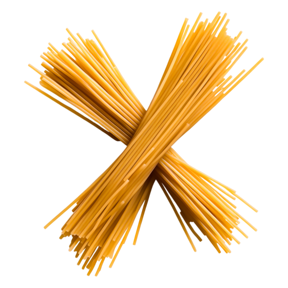 Raw spaghetti noodles arranged in an artistic crossing pattern on png