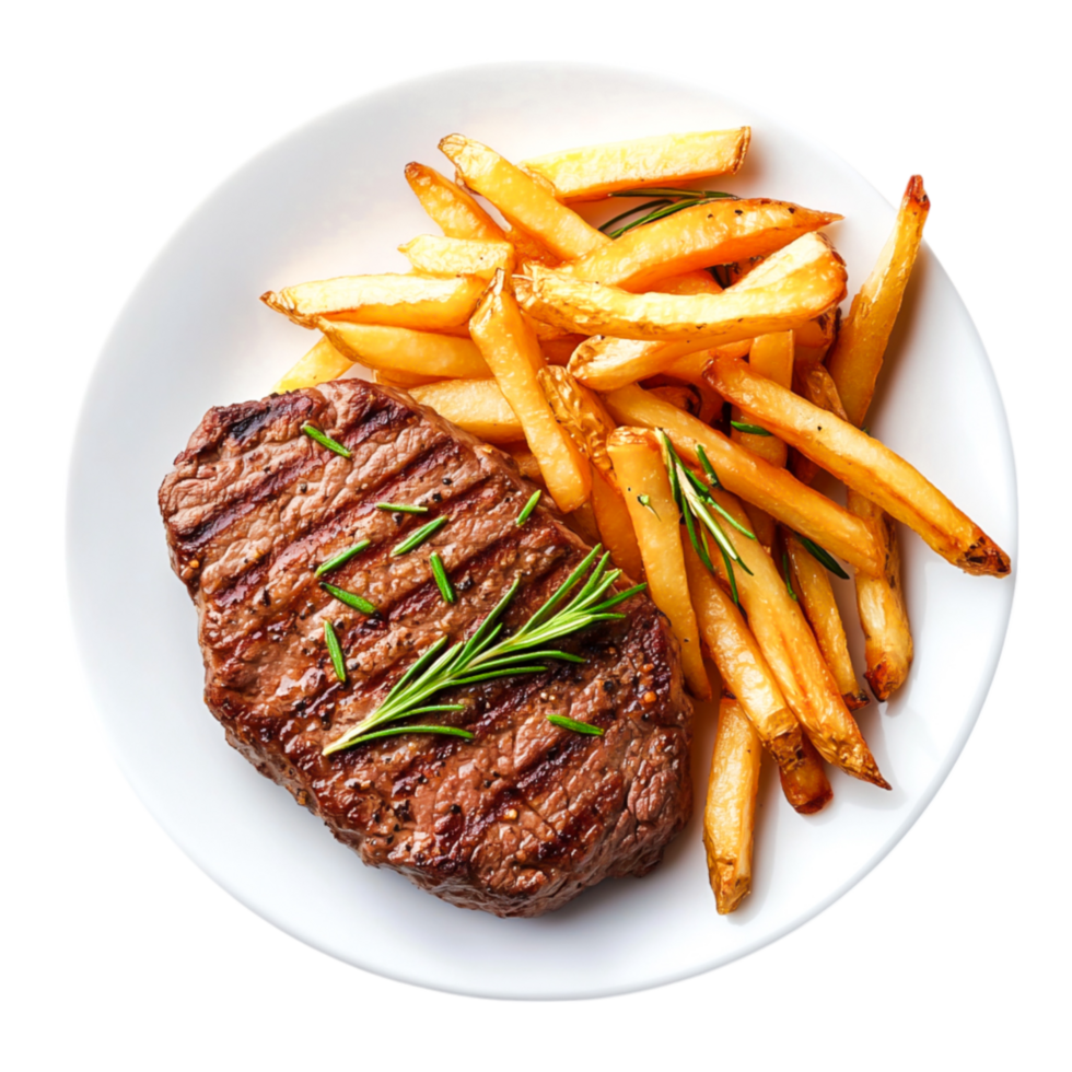 Delicious Grilled Steak with Crispy French Fries and Fresh Herbs Garnish png