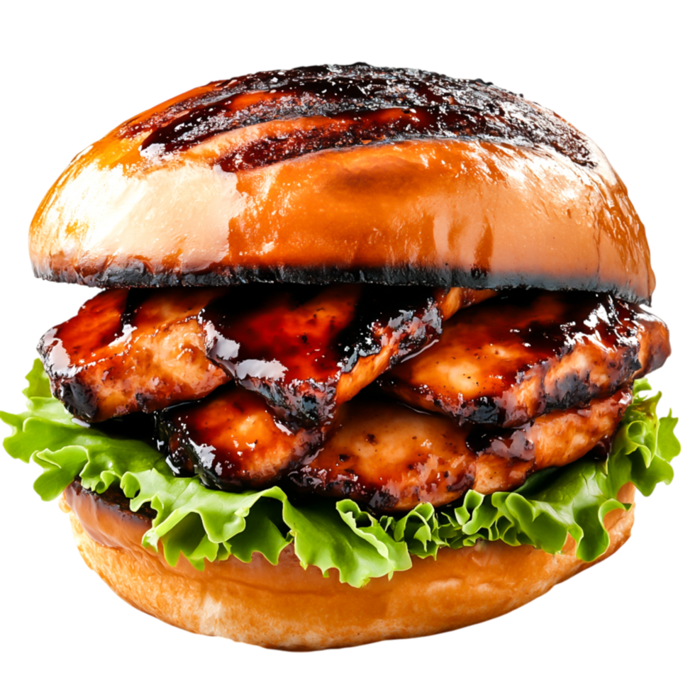 Juicy Grilled Chicken Burger with Fresh Lettuce and Glaze Sauce png