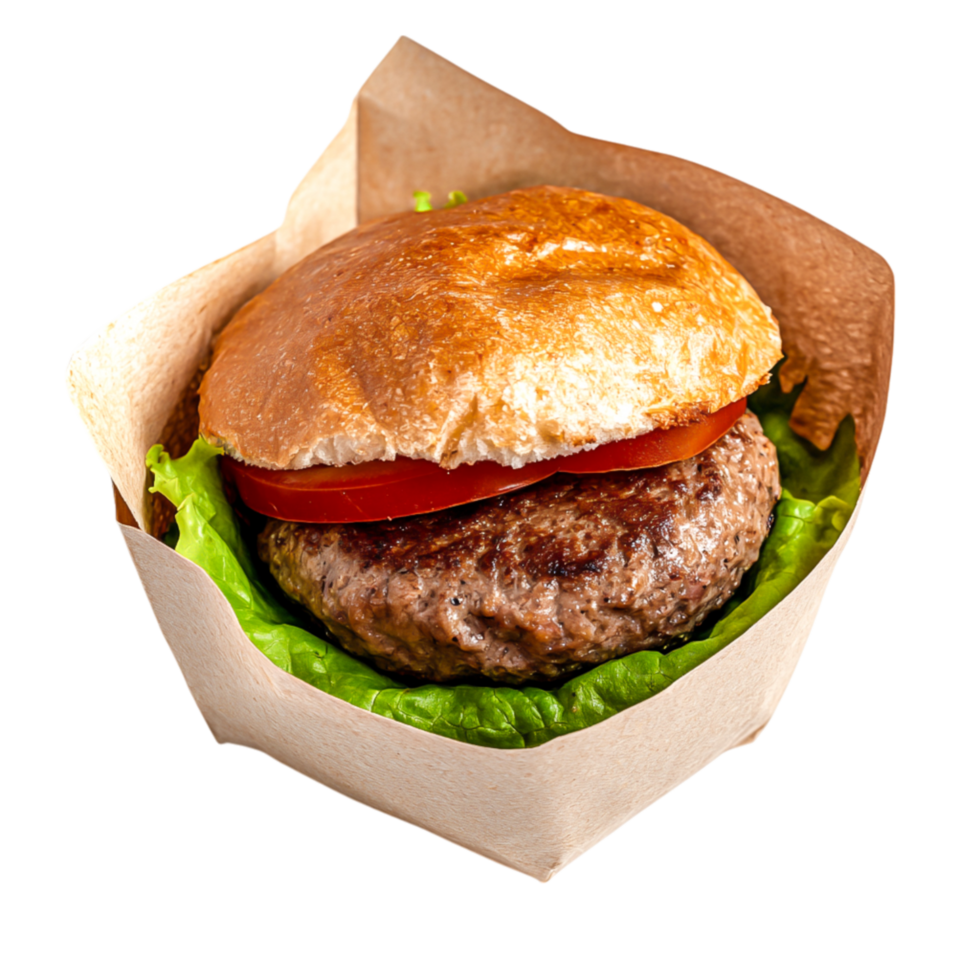 Fresh Hamburger with Lettuce and Tomato in Eco-Friendly Wrapper png