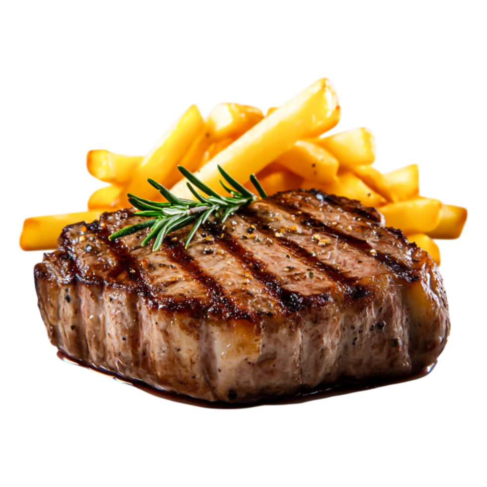 Grilled Steak with Herbs and Crispy French Fries Served Plate png