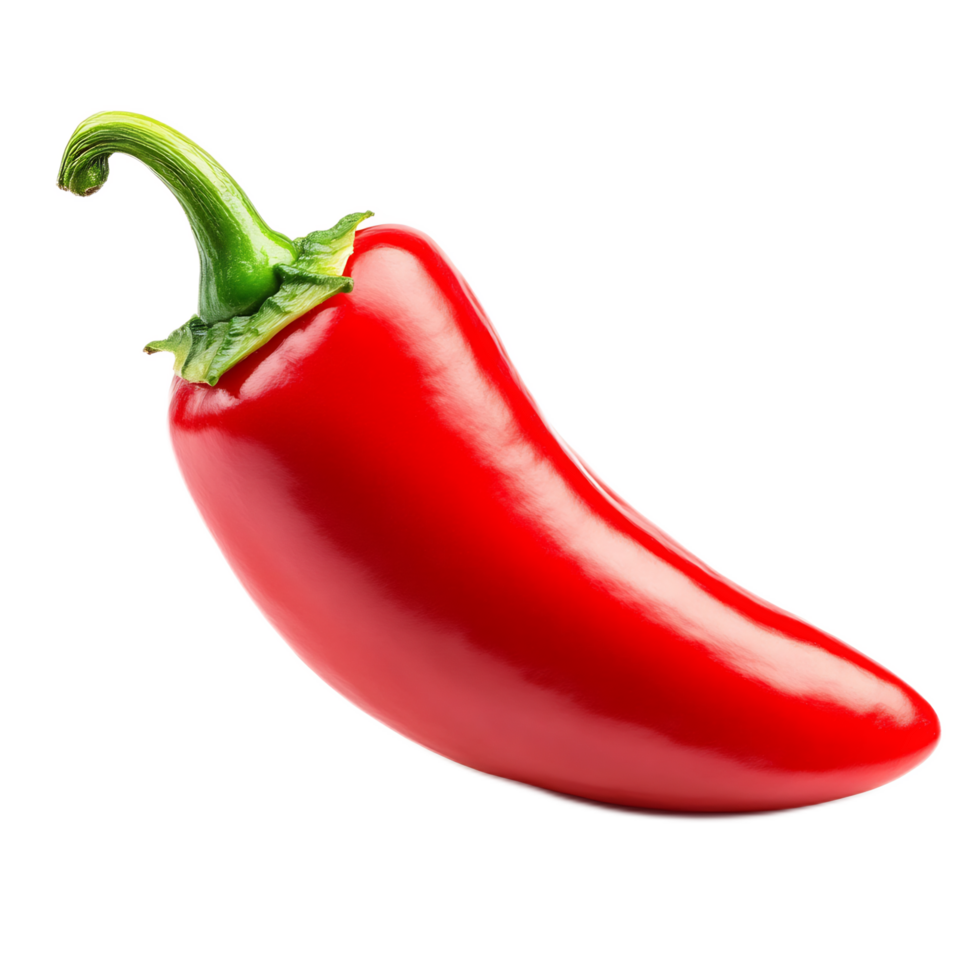 Vibrant Red Chili Pepper with Textured Green Stem and Leaf Showcasing Botanical Produce Ingredient png