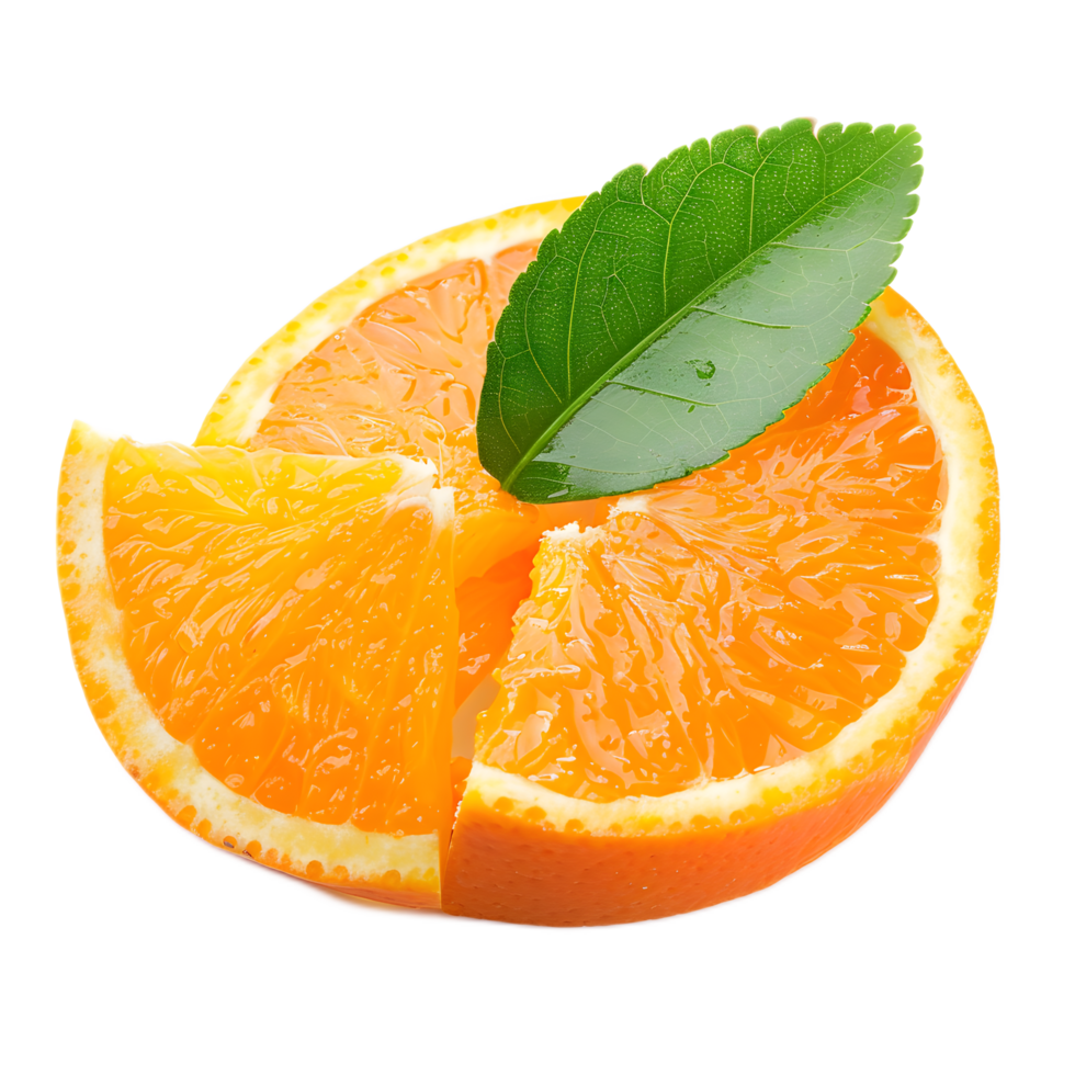 Close up of Juicy Orange Slices with Fresh Green Leaves png