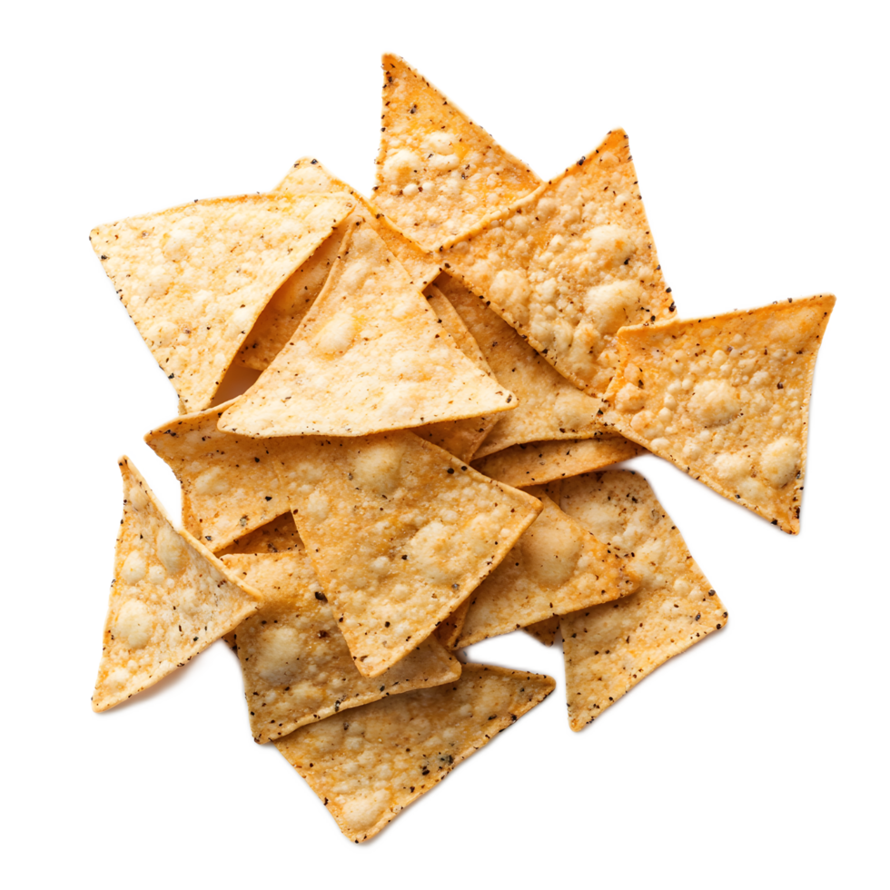 Freshly Baked Crunchy Triangular Tortilla Chips on Plain White Background png