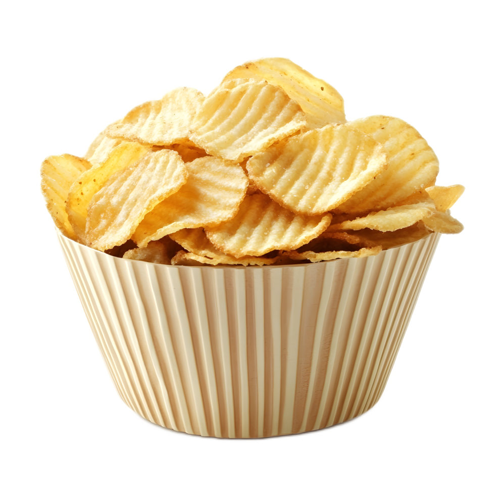 Close up of a Basket Filled with Crispy Potato Chips on a White Background png