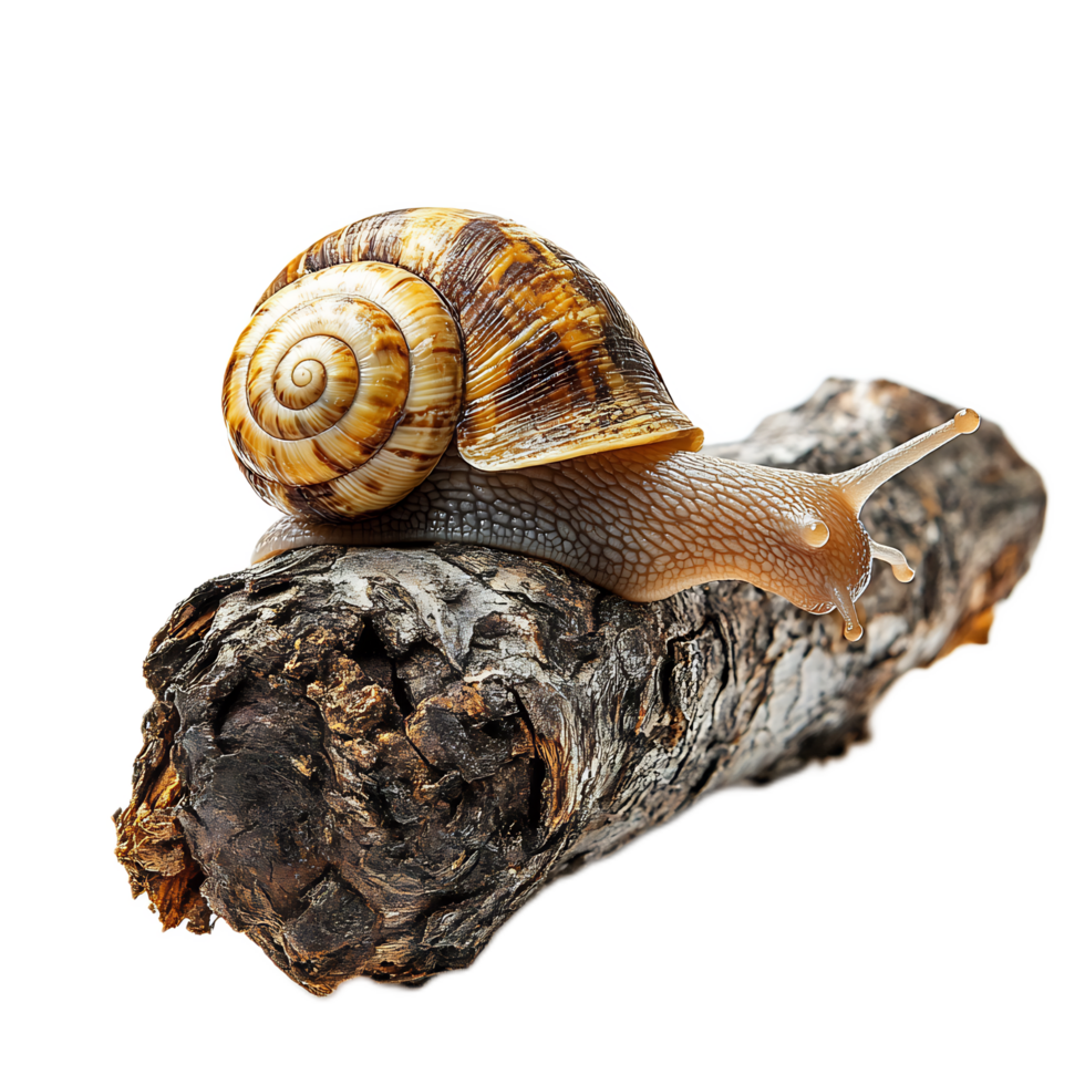 Close-up of a Coiled Snail Shell on a Mossy Wooden Log png