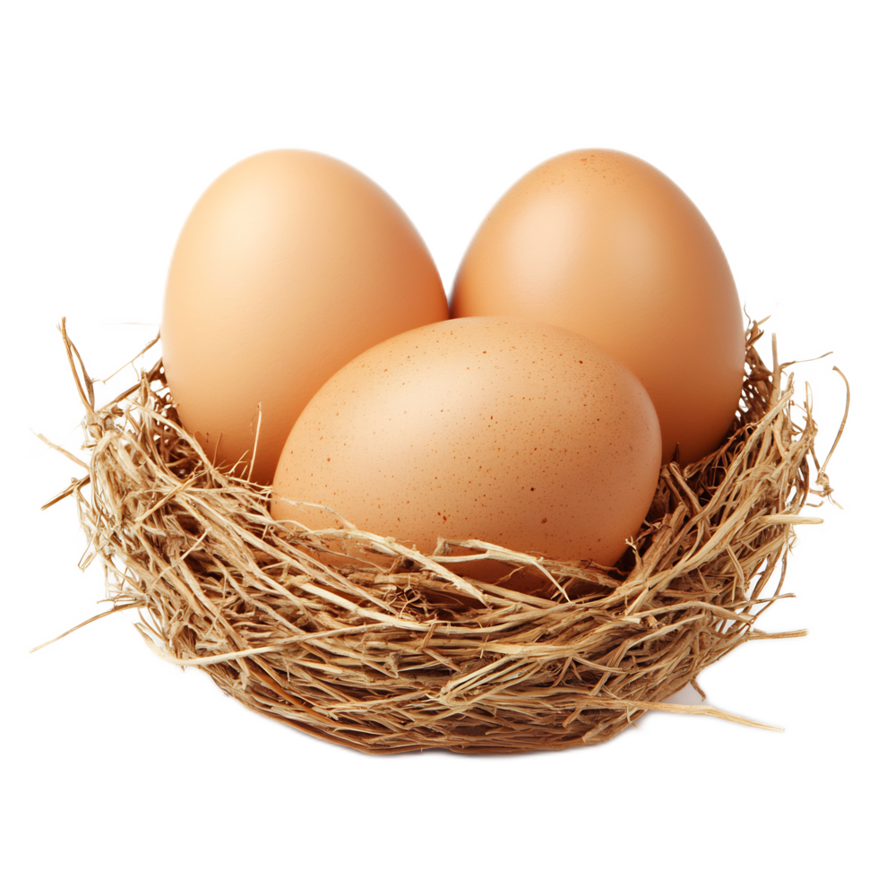 Closeup of a Nest with Natural Chicken Eggs on a Rustic Wooden Surface png