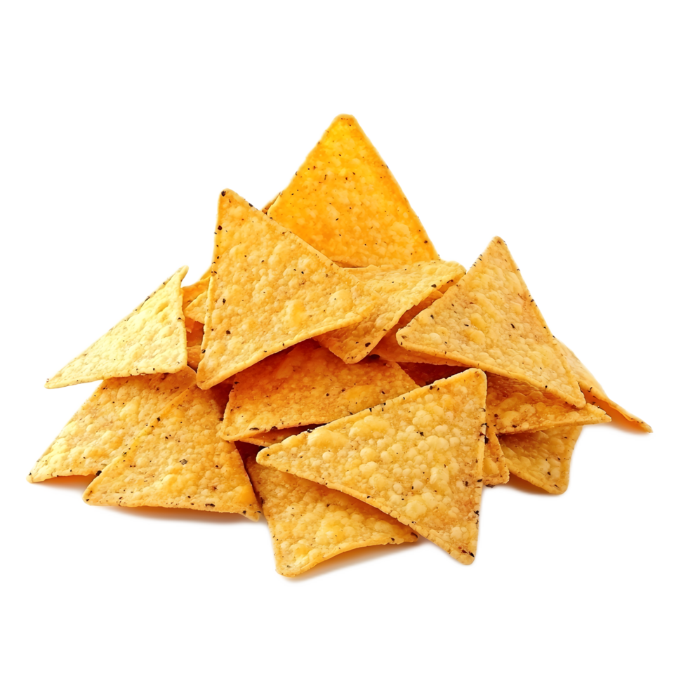 Crunchy Triangular Corn Snacks Heap on Bright White Background png