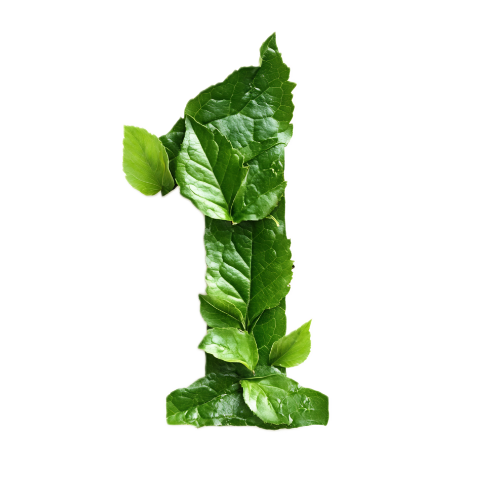 Close-up of a green leaf forming the shape of number one,representing environment and nature png