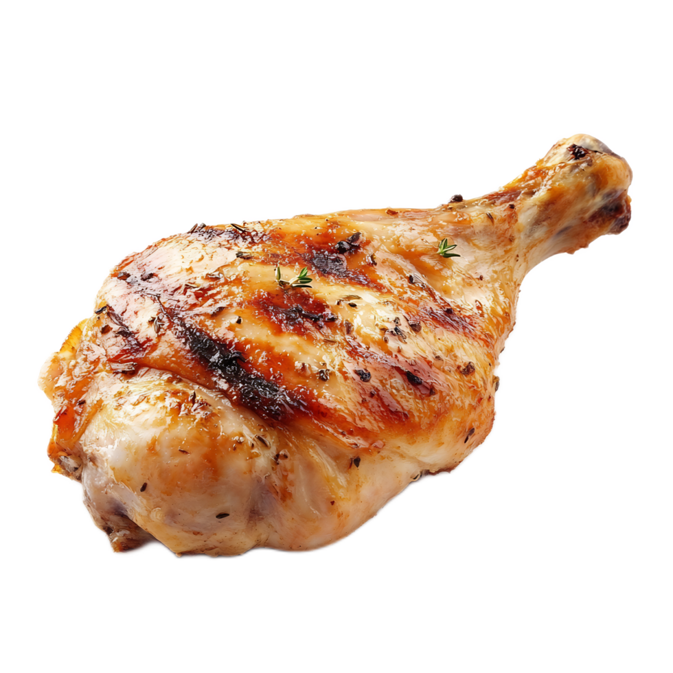 Closeup of a Deliciously Grilled or Roasted Chicken Leg on a Plate with Herbs and Sauces png