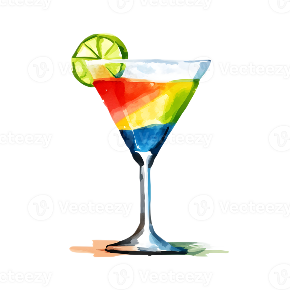 Vibrant Multicolor Cocktail with Lime Slice in Transparent Glass png