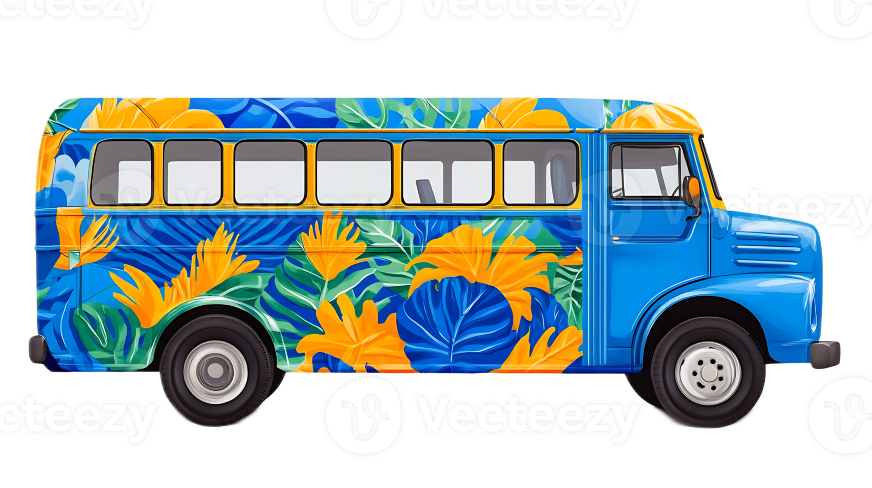 Colorful Retro Bus with Tropical Floral Pattern png