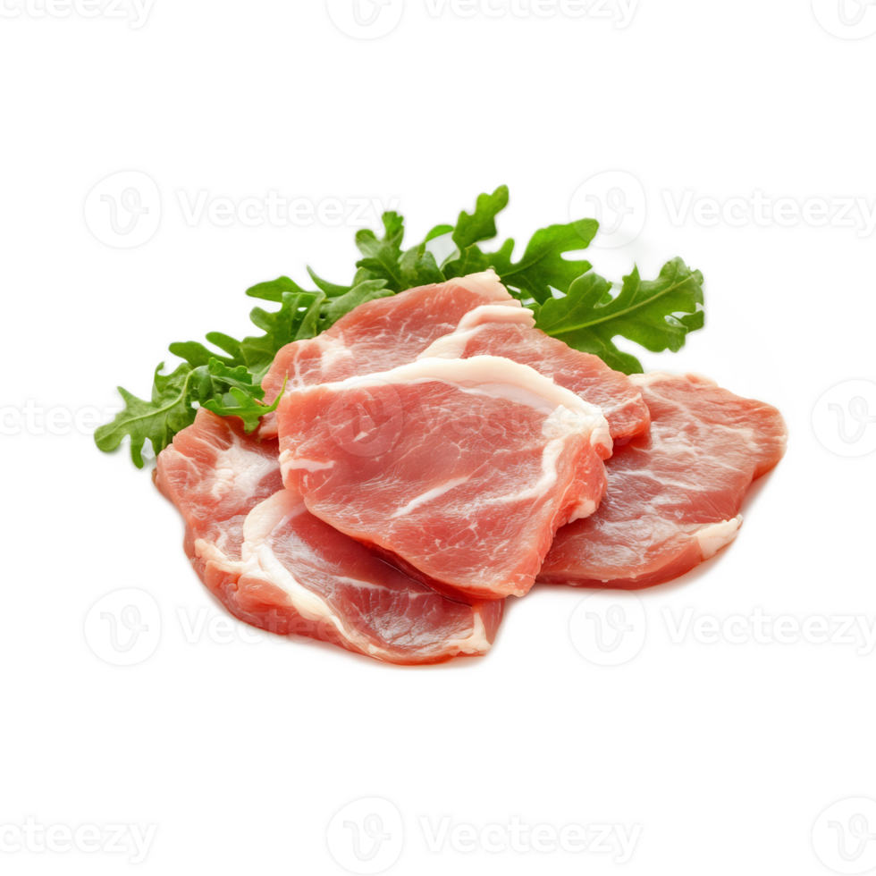 Close-up of fresh raw pork chops with green herbs on white background png