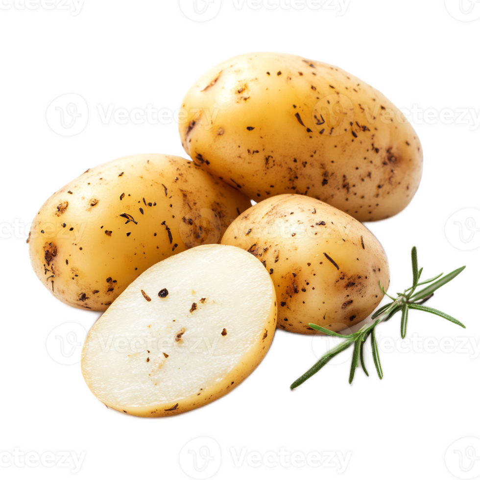 Close-up of fresh,uncooked russet potatoes with rosemary sprig on white background png