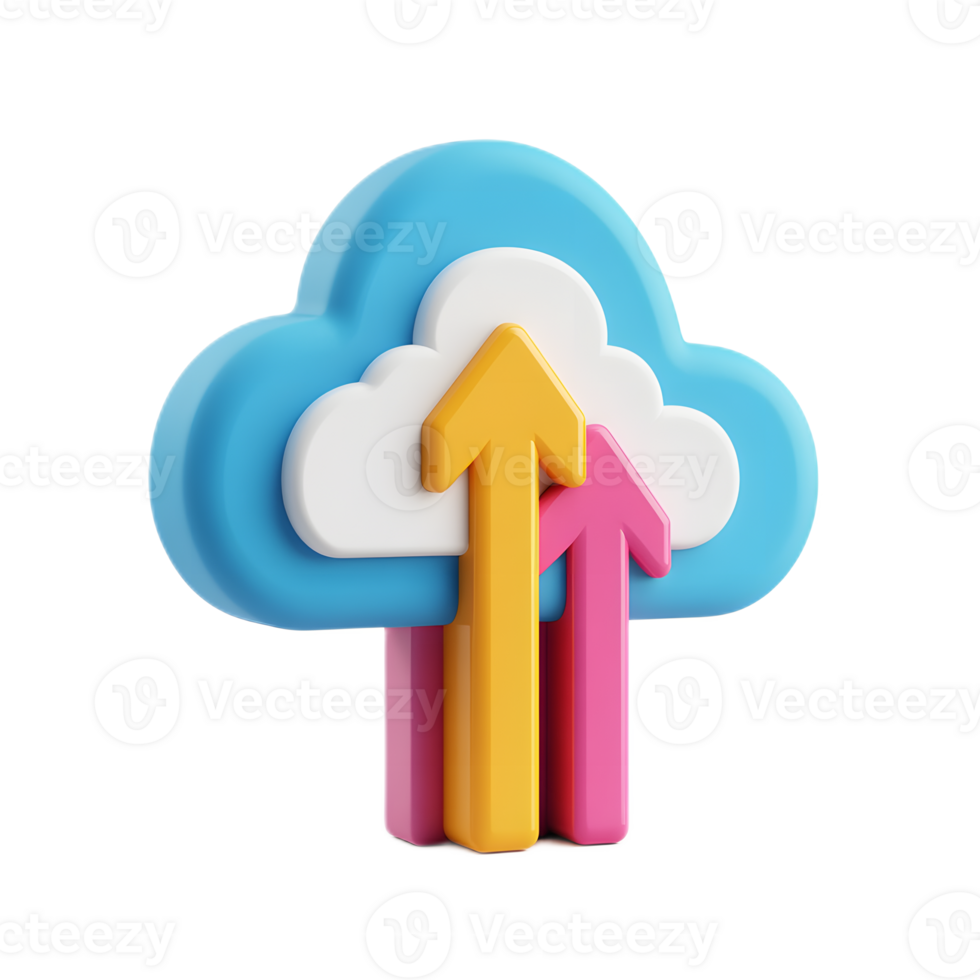 Colorful 3D Rendering of Cloud with Vibrant Upload Arrows Symbolizing Digital Growth Progress and Innovation png