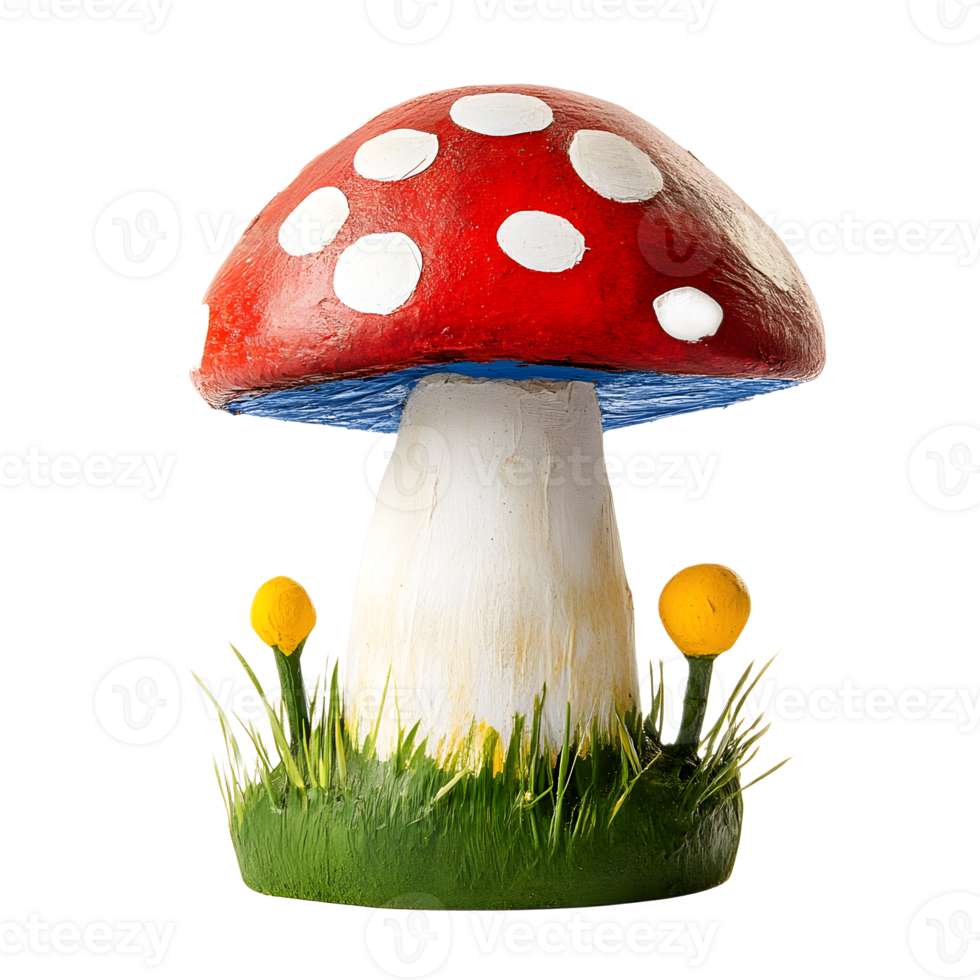 Colorful and Whimsical Forest Mushroom with Polka Dot Cap in a Lush Grass Setting png