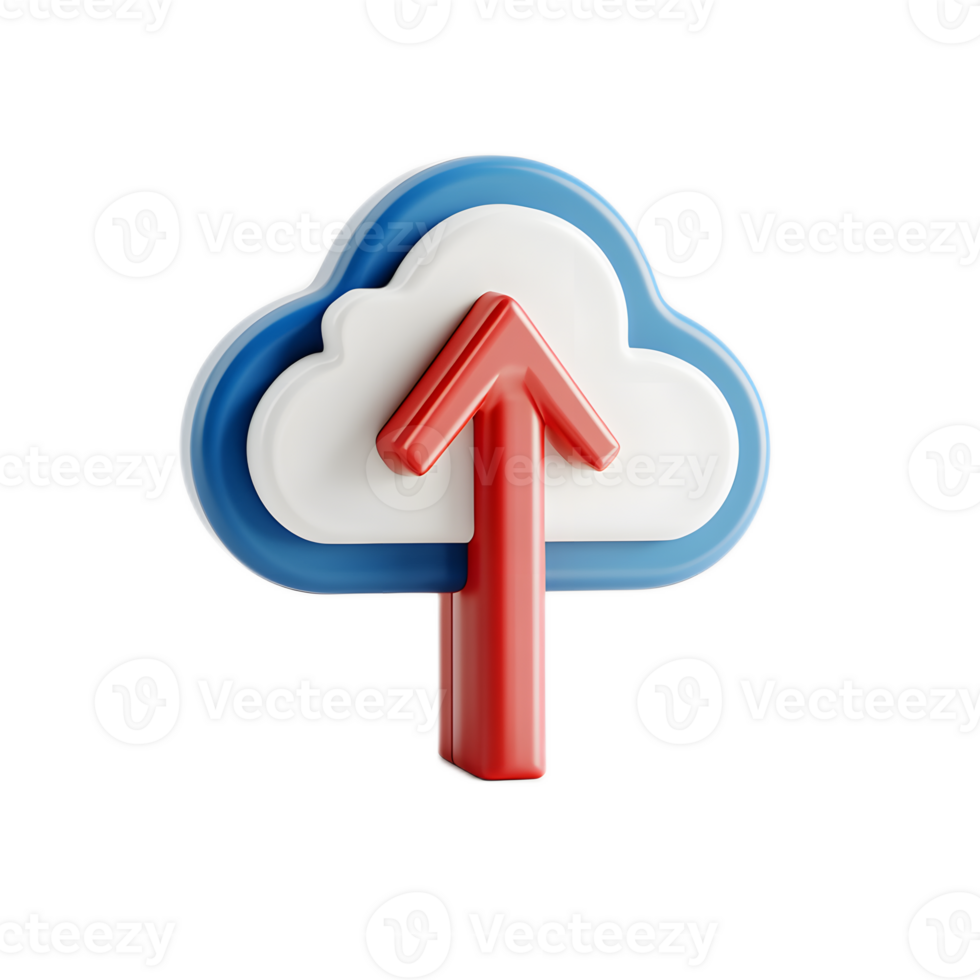 3D Rendering of Cloud Icon with Upward Pointing Red Arrows Depicting Digital Data Upload or Transfer png
