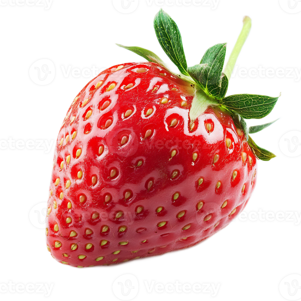 Close-up of Ripe Red Strawberry with Green Leaves on White Background png