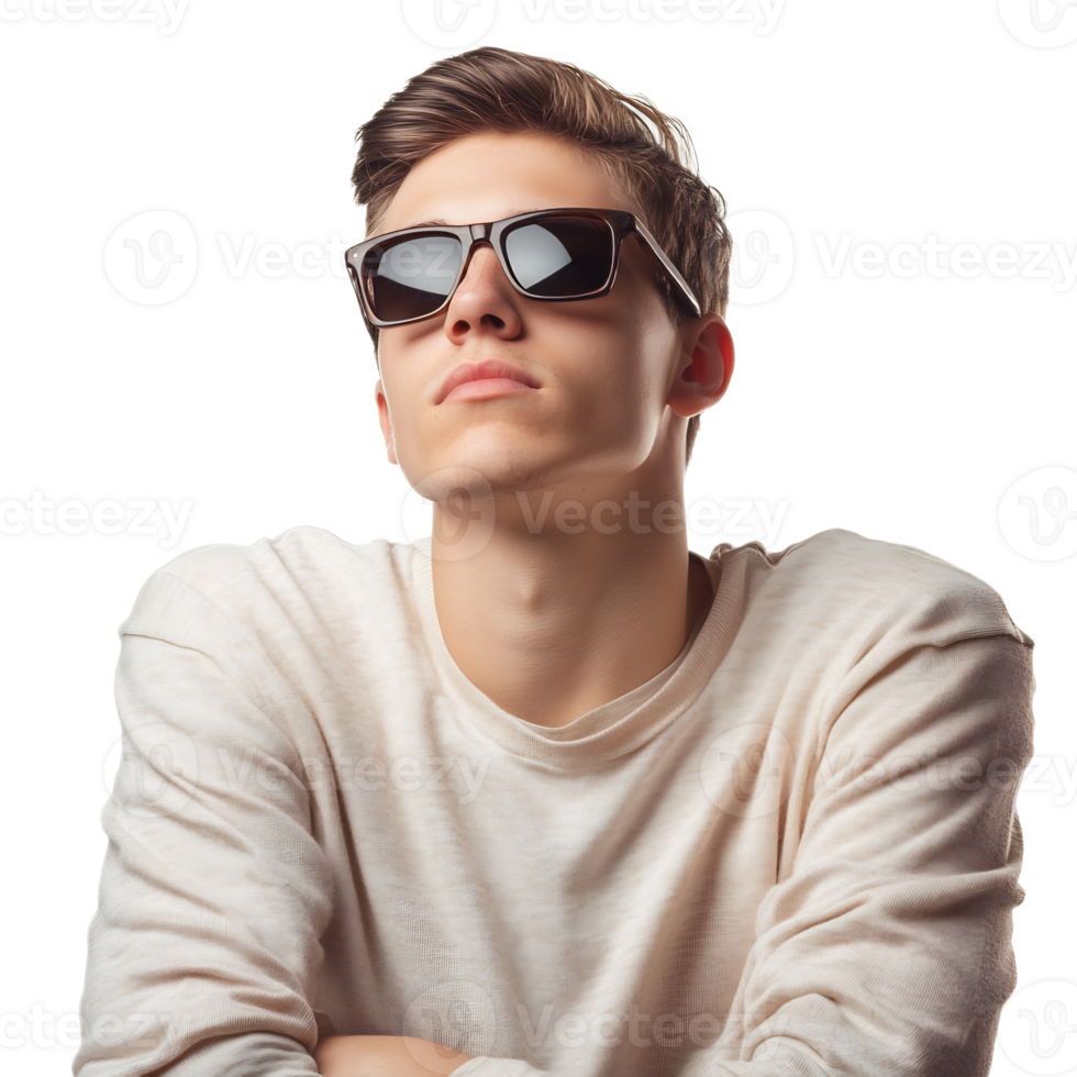 Confident young man in casual outfit posing outdoors with a pensive expression png