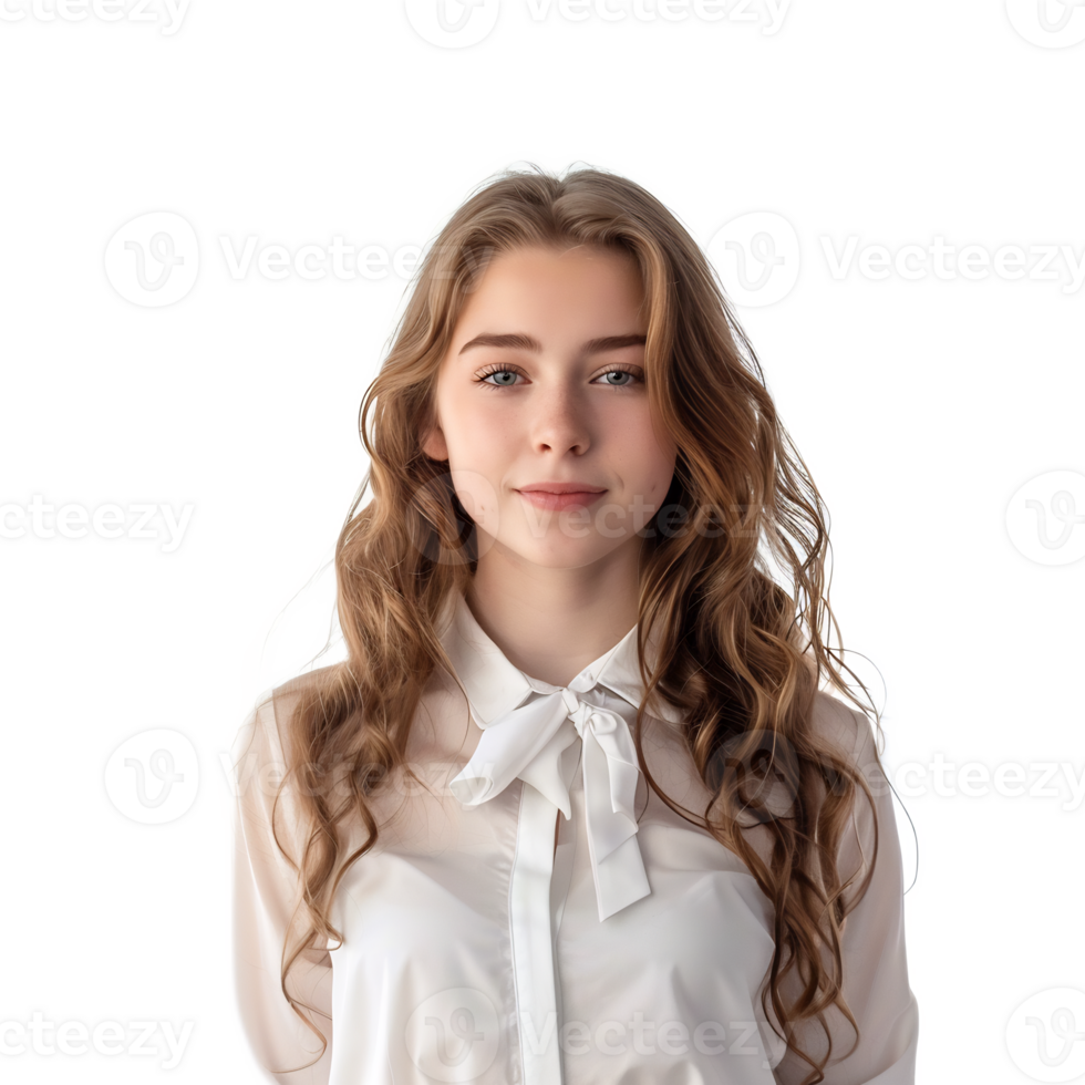 Confident Young Woman with Warm Smile Posing in White Background png