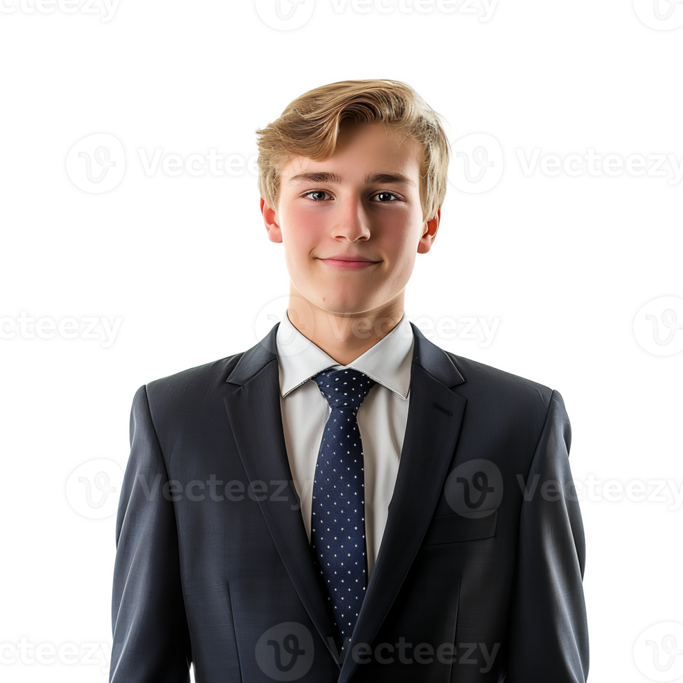 Confident young businessman in suit and tie posing for professional headshot in corporate office setting png