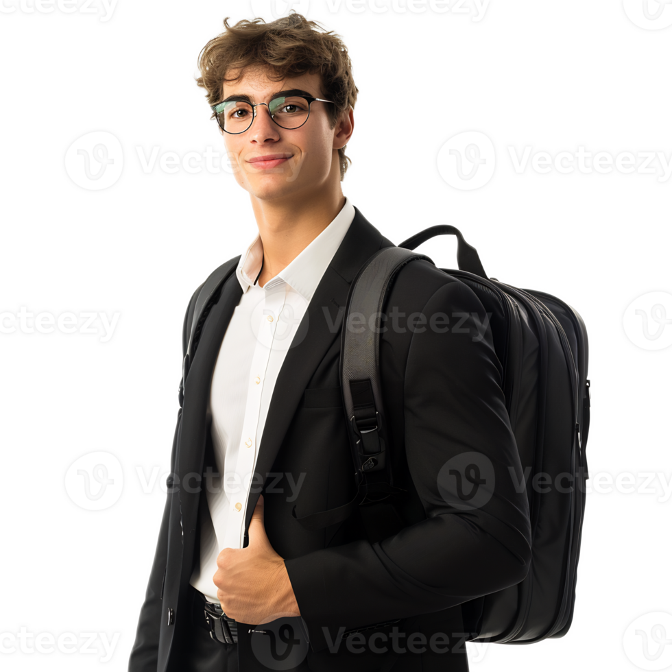 Confident Young Businessman with Backpack Looking Cheerful on White Background png