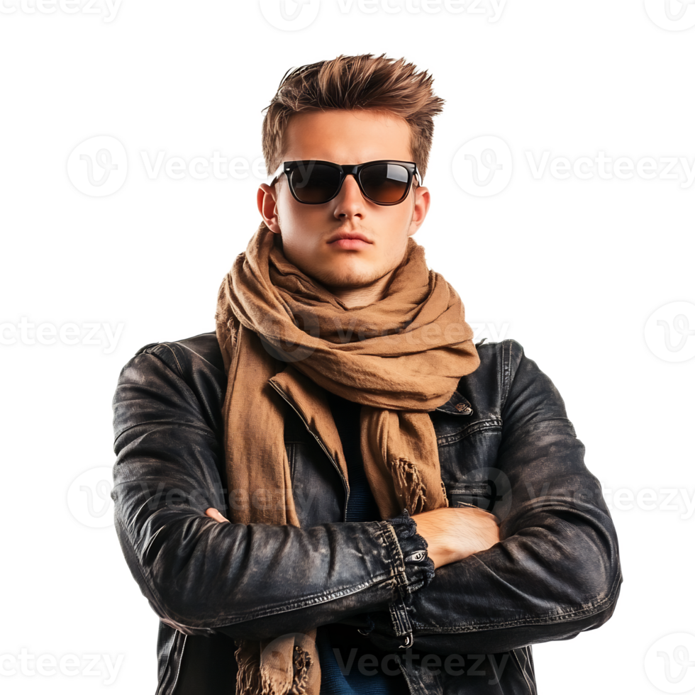 Confident and Stylish Young Man in Fashionable Leather Jacket and Scarf Posing Outdoors in Urban City Setting png