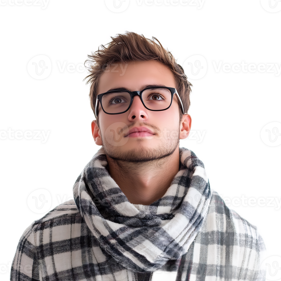 Confident and Stylish Young Man Wearing Glasses and Scarf in Studio Portrait png