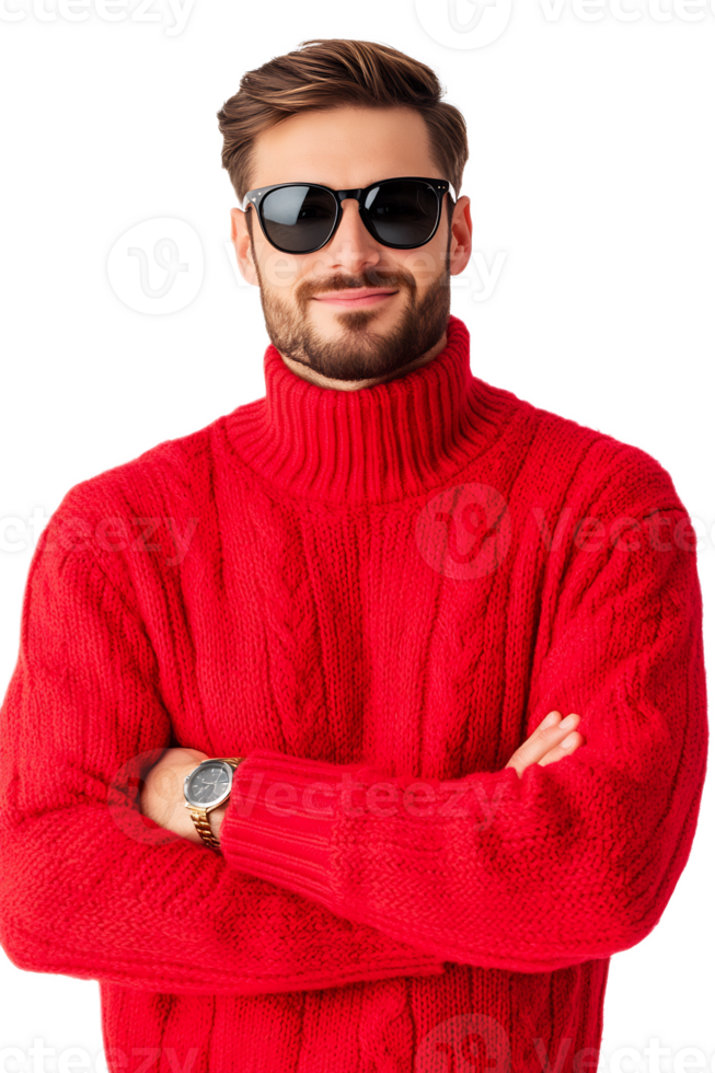Confident Bearded Man in Red Knit Sweater with Sunglasses Crossing Arms png