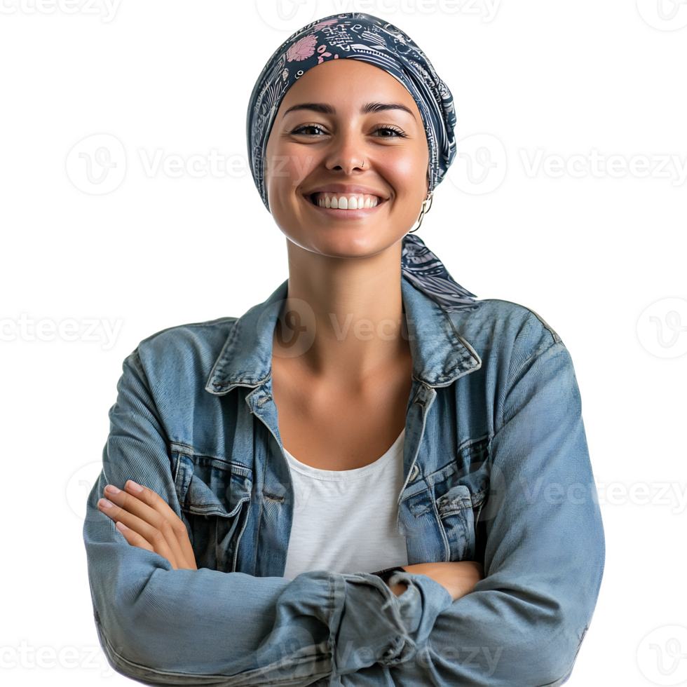 Confident and Joyful Cancer Survivor Smiling Radiantly Against White Background png