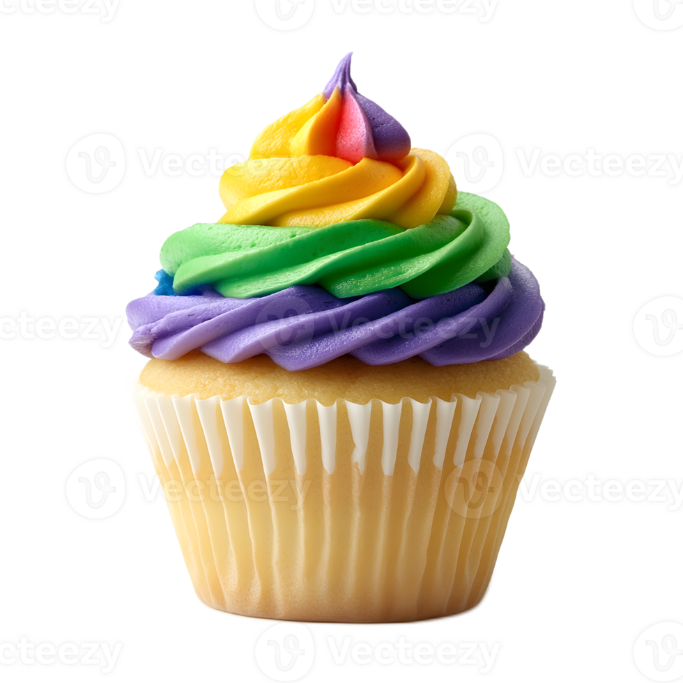 Vibrant and Colorful Swirled Cupcake with Festive Frosting Topping png