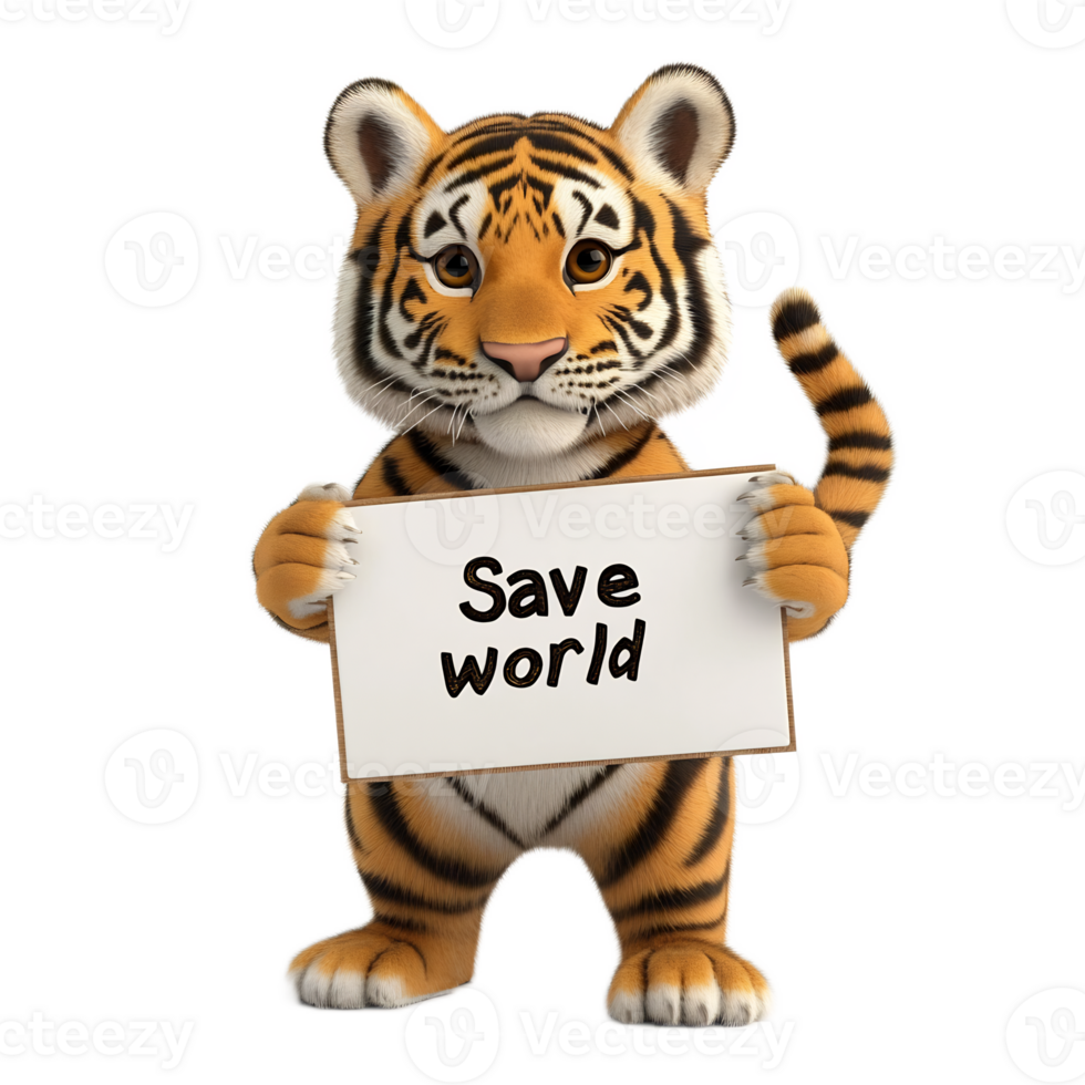 Cute Tiger Holding Sign with 'Save World' Message for Environmental Conservation png