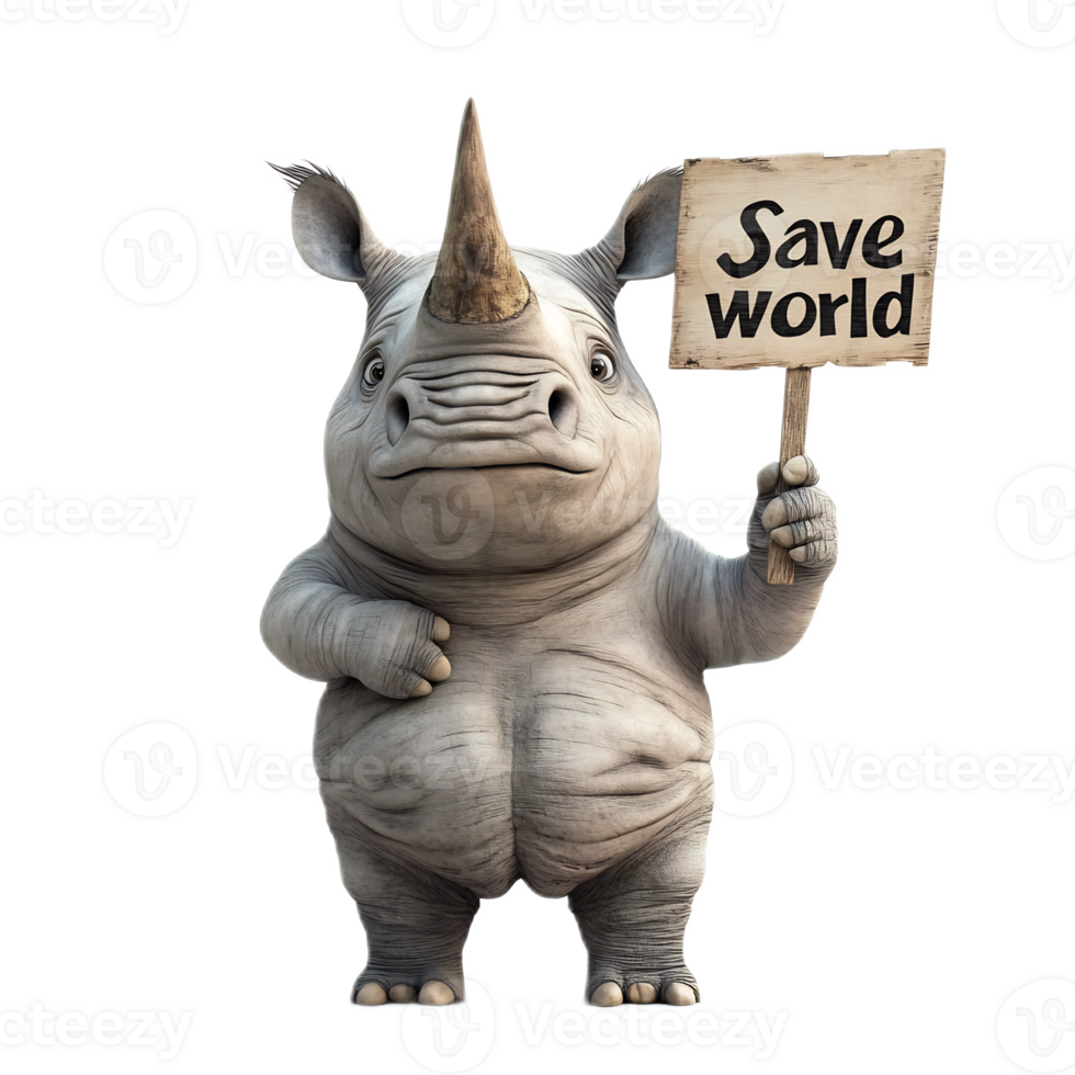 Cute Rhinoceros Character Holding Save World Placard for Conservation Cause png
