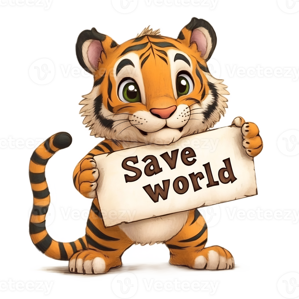 Cute Cartoon Tiger Holding a Sign with the Message 'Save World' png