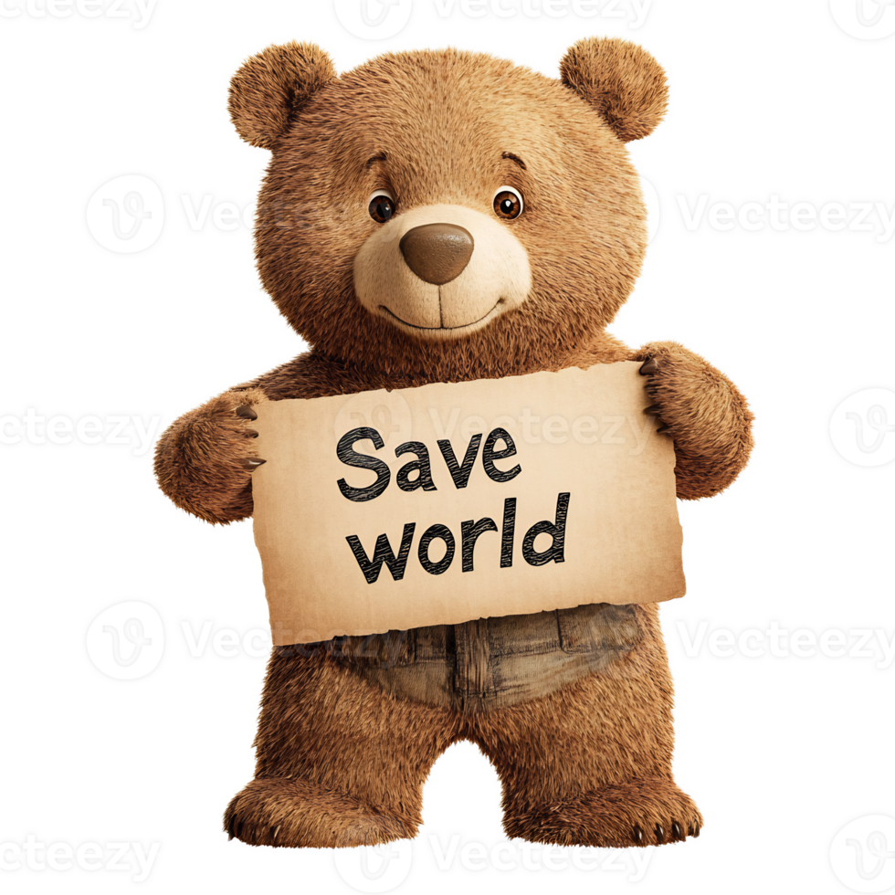 Cute Teddy Bear Holding 'Save World' Sign for Environmental Awareness png