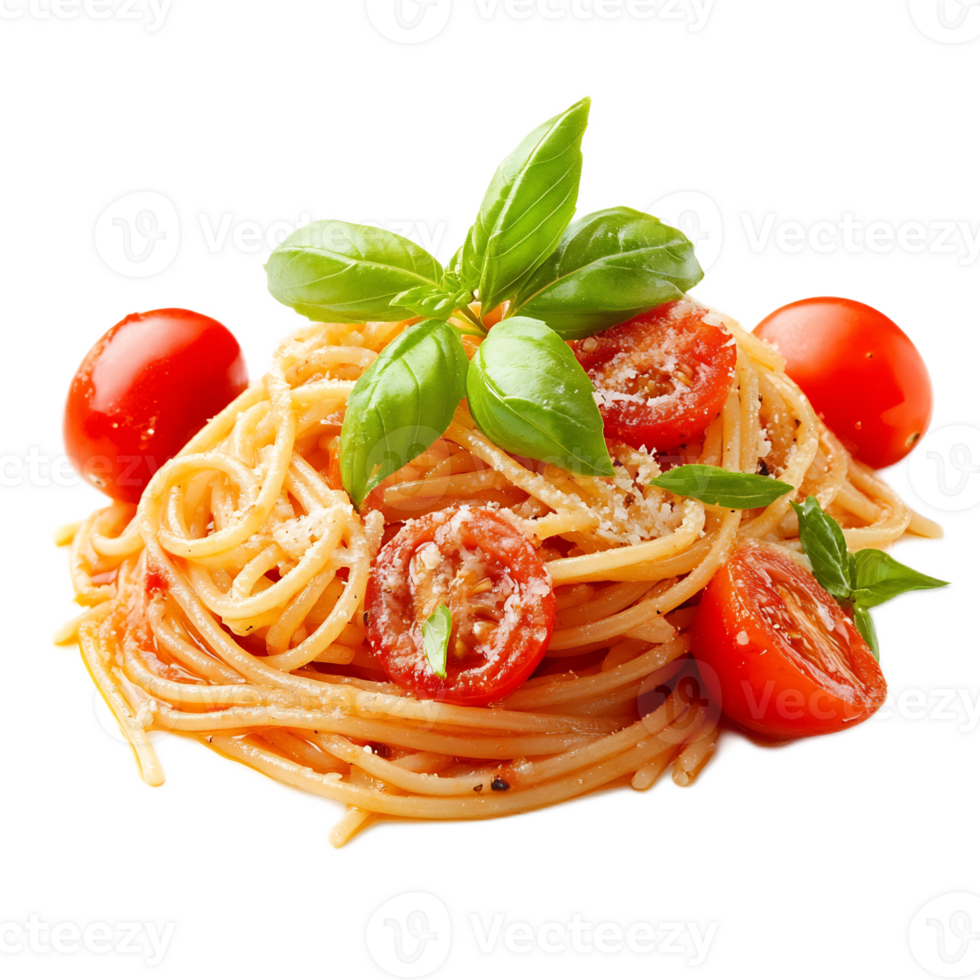 Delectable Spaghetti Dish with Tomatoes and Fresh Basil Garnish png