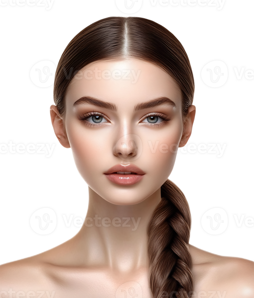 Elegant and Radiant Portrait of a Captivating Young Woman with Flawless Skin and Stunning Hair png