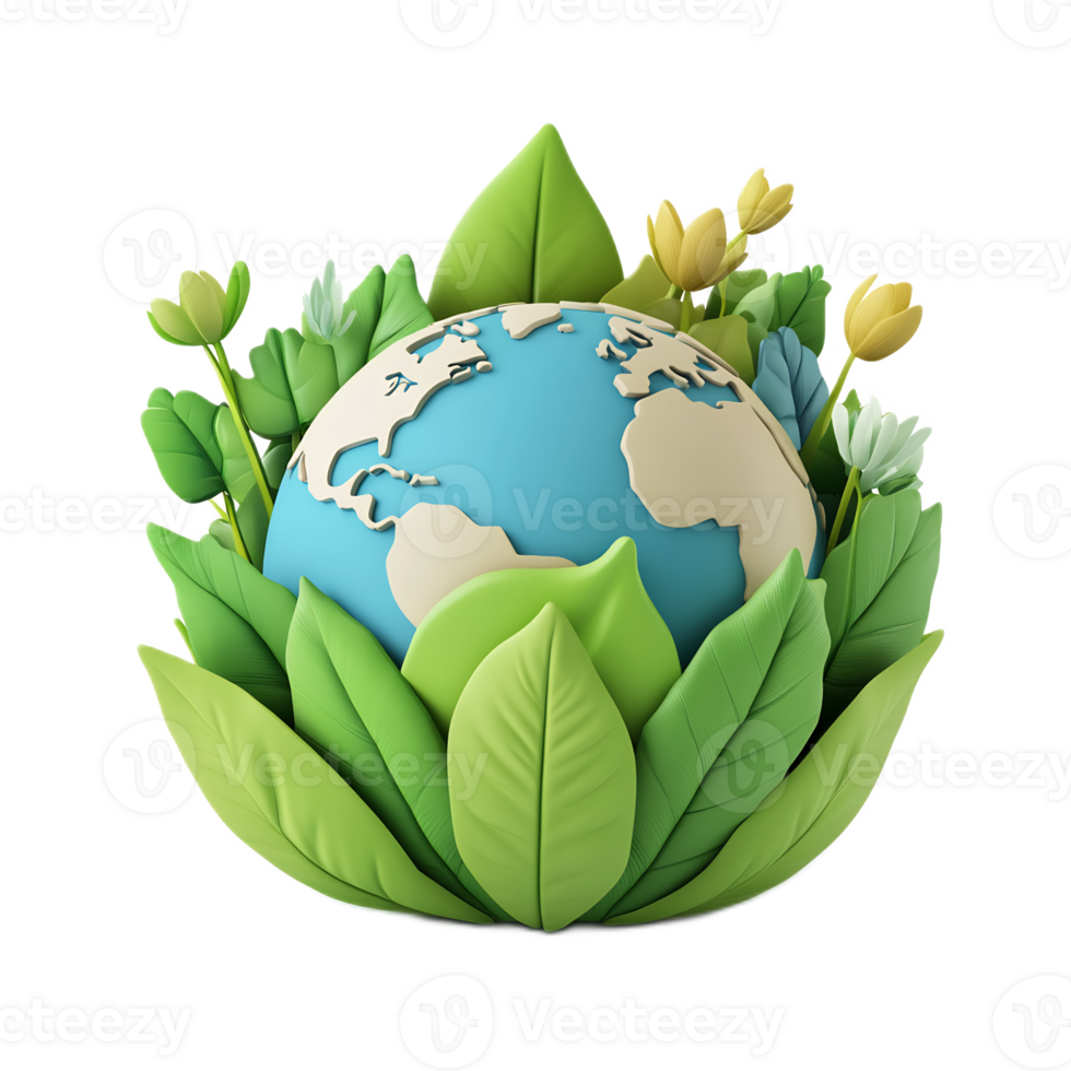 Eco-Friendly Globe with Green Leaves and Flowers Representing Environment Conservation and png