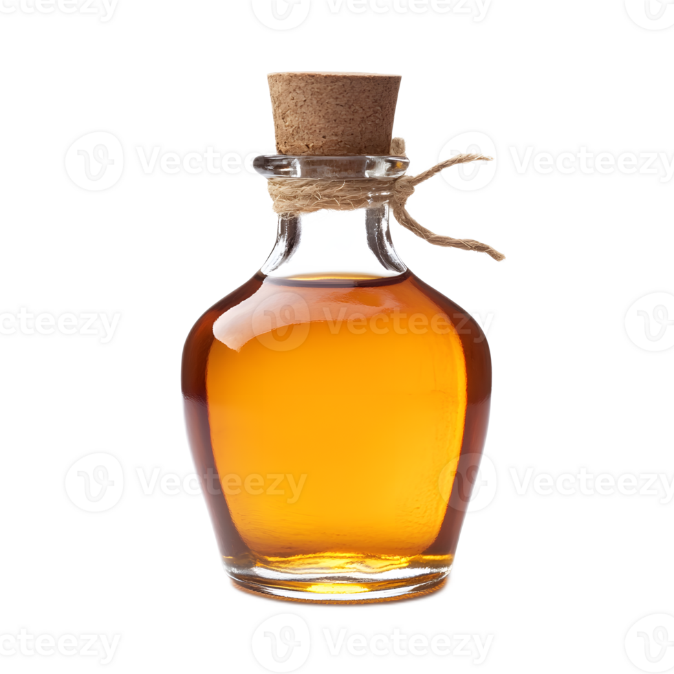 Elegant Amber Bottle of Premium Alcoholic Beverage With Cork Stopper png
