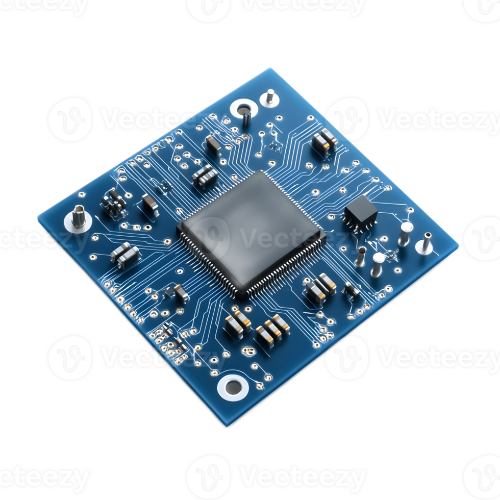 Closeup view of an electronic microchip circuit board with intricate design and digital components png