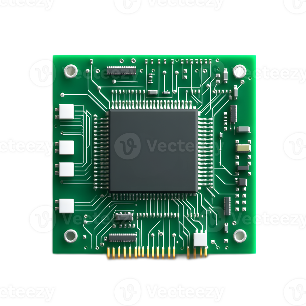 Detailed Electronic Microchip Circuitry on Green Printed Circuit Board Background png