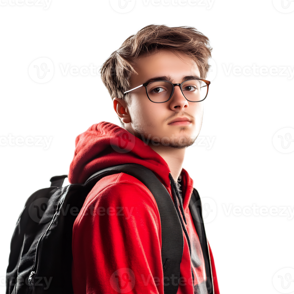 Focused Young College Student with Backpack and Glasses Looking Thoughtful png