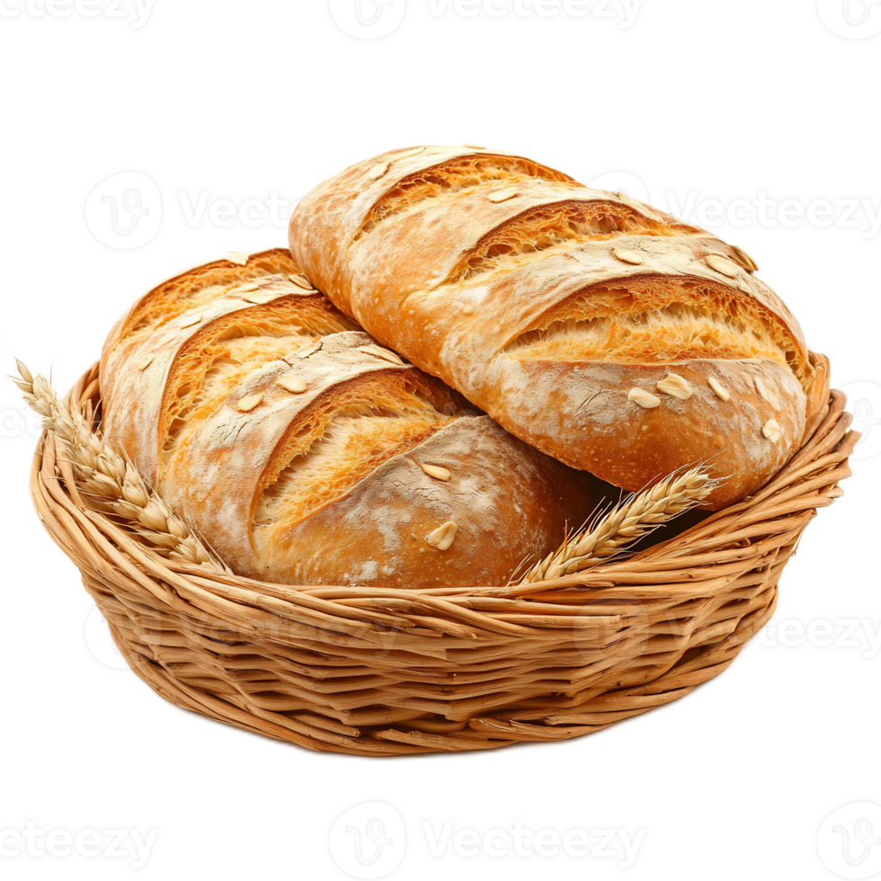 Freshly Baked Bread Loaves Presented in a Rustic Wicker Basket on a Wooden Surface png