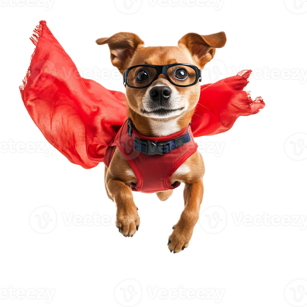 Energetic Canine Superhero Leaping with Red Cape on White Background png