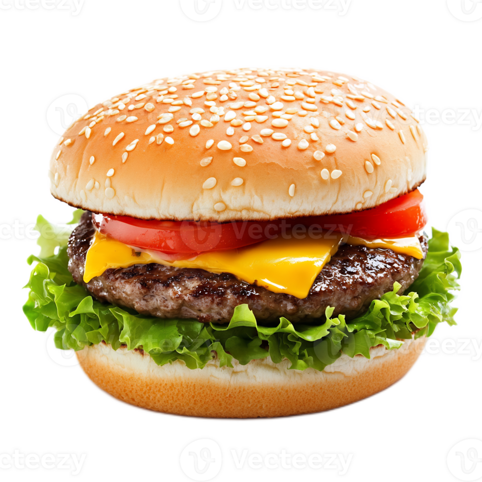 Freshly prepared gourmet-style cheeseburger with lettuce and tomato served on sesame seed bun for tasty and savory lunch or dinner png