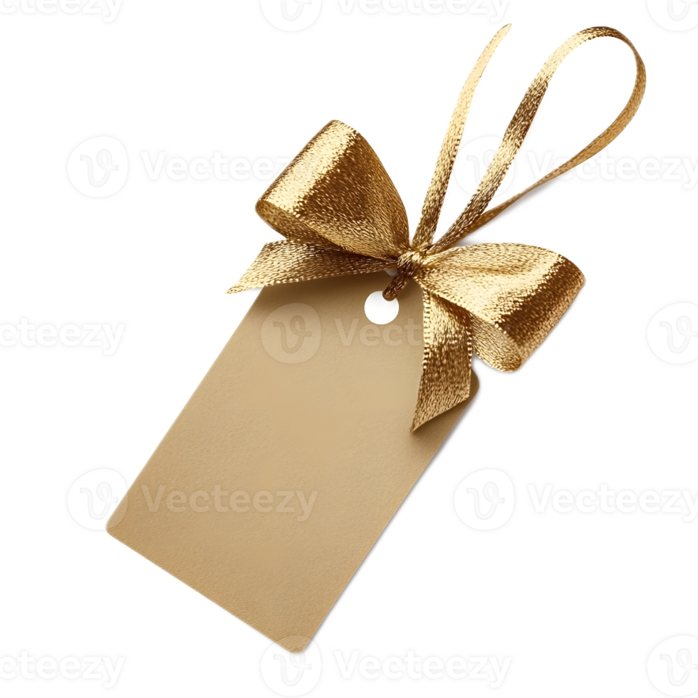 Golden Gift Label with Bow Ribbon Isolated on White Background png