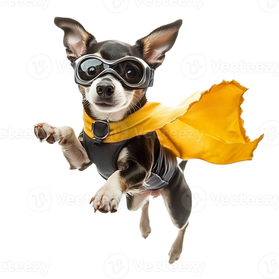Fearless Canine Superhero Leaping Through the Air with Vibrant Costume and Boundless Energy png