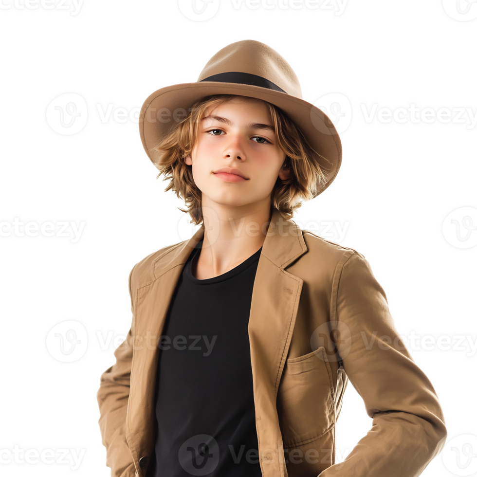 Fashionable Young Woman in Stylish Hat Posing Confidently in Studio png