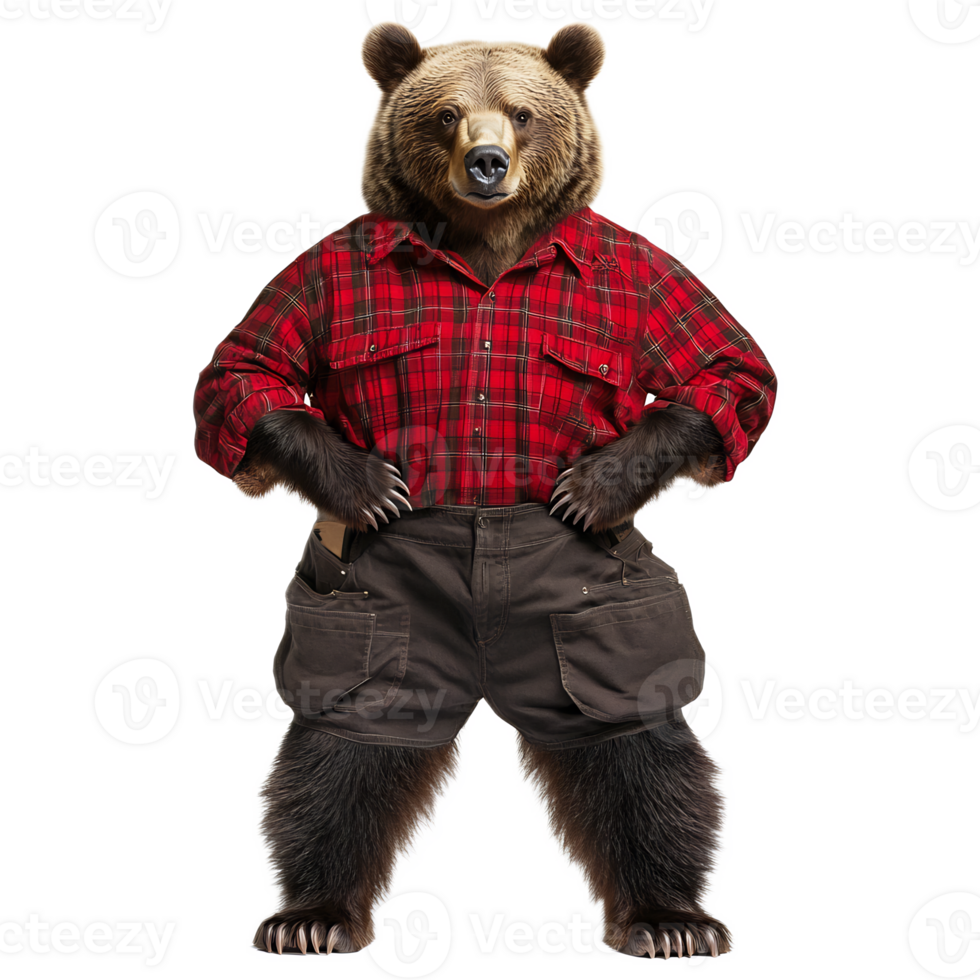 Friendly Anthropomorphic Bear Wearing Red Lumberjack Plaid Shirt in Wilderness Setting png